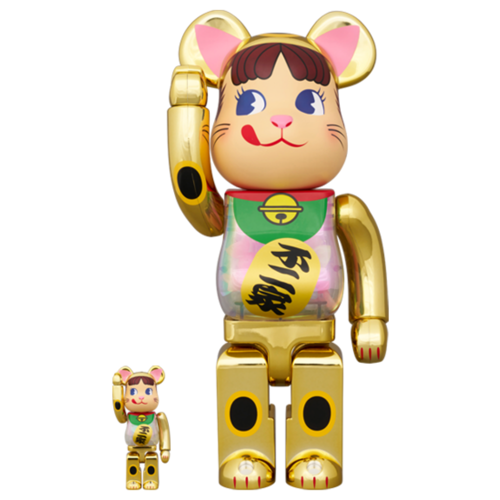 招き猫 ペコちゃん 金メッキ 蓄光ミルキー入り 100％ & 400％ Be@rBrick